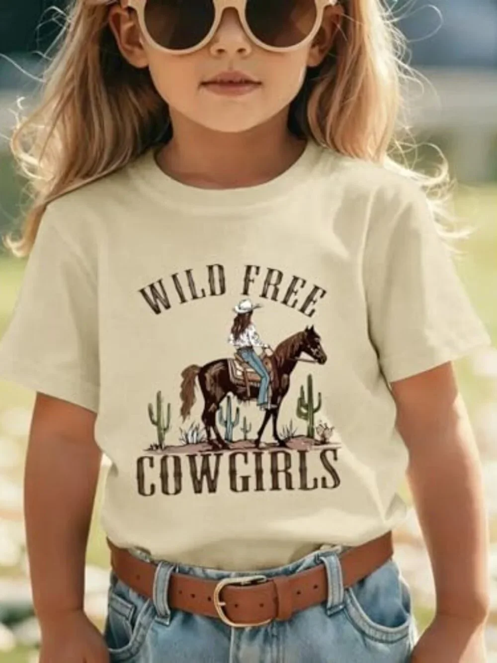 Girls Cowgirl Western Rodeo Horse Graphic Cotton Tee Short Sleeve